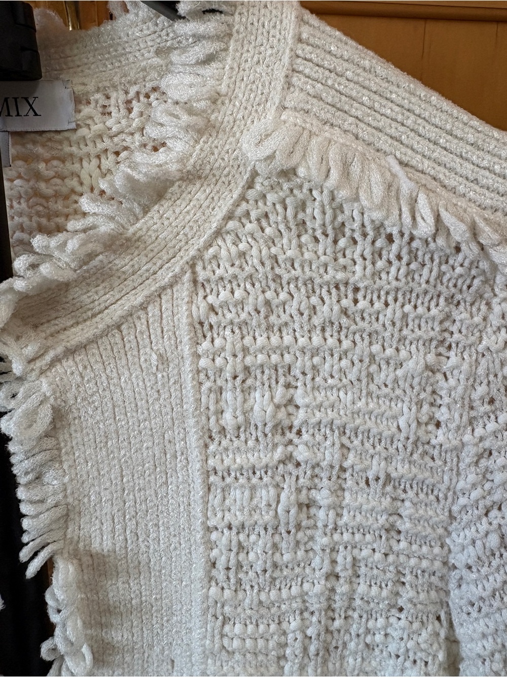 INTERMIX Cream Ivory Fringe Tweed Knit Jacket Collarless Open Front Small Size 2 - Picture 9 of 16